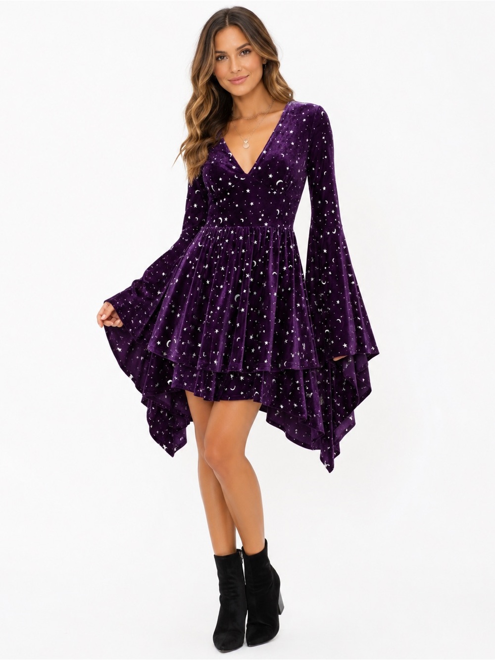 Celestial Purple Velvet Star & Moon V-Neck Peplum romper